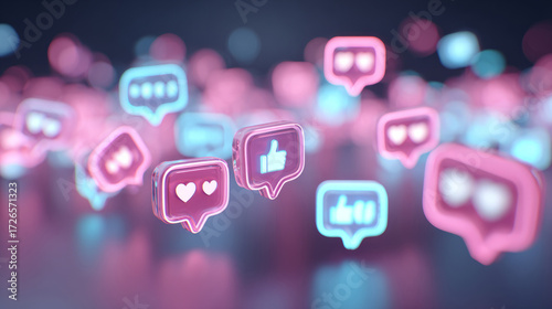 Colorful neon-style icons of likes and comments float in a digital space