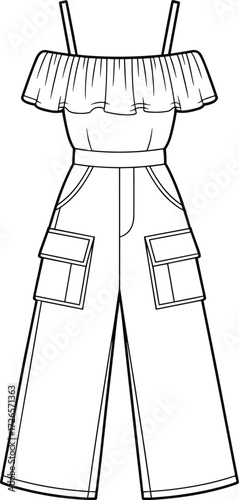 Jumpsuit fashion illustration, off shoulder top sketch, wide leg pants drawing, flap pocket garment design, black and white vector art