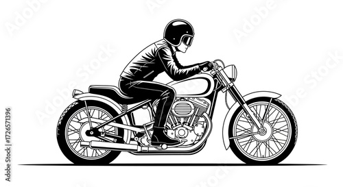 Detailed black and white line drawing of a motorcyclist on a classic bike showcasing rider and