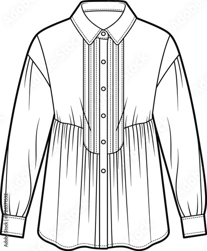 Long sleeve blouse technical drawing, fashion flat sketch, button down shirt, garment design, apparel template, collar, cuff, pleats, silhouette