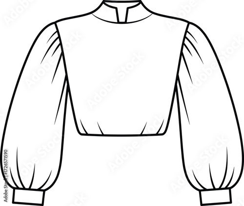Long sleeve blouse technical sketch, high neckline top with puff sleeves and cropped fit, cad drawing flat vector illustration