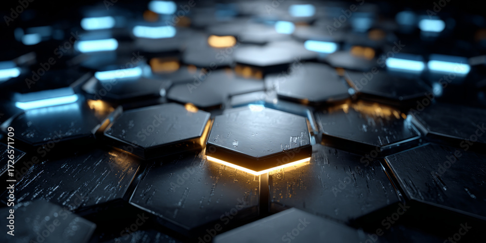 Fototapeta premium Futuristic hexagon grid with glowing edges and particles
