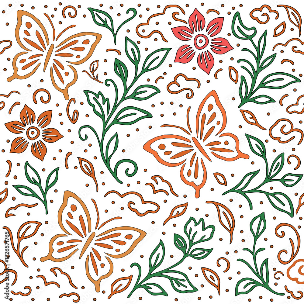 Fototapeta premium Batik Butterfly Seamless Pattern. Traditional Butterfly Vector Background. Seamless Batik Butterfly Design. Ethnic Butterfly Pattern Vector. Decorative Batik Butterfly Motif. Seamless Batik Butterfly