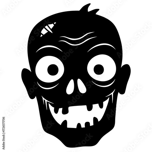 Cartoon zombie head with exaggerated features and open mouth  