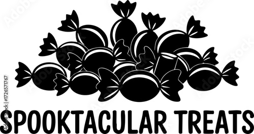 Pile of Halloween candies with spooky design on black background  