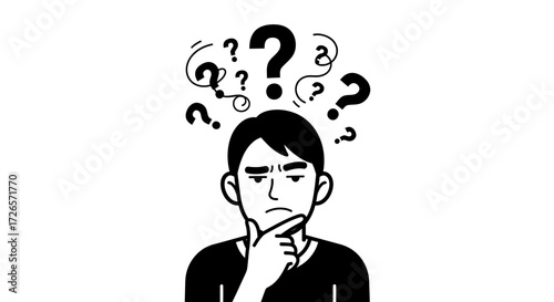 Monochrome illustration of a thoughtful man with question marks around his head showing confusion