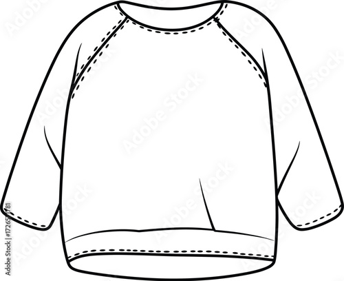 Long sleeve shirt sketch, raglan sleeve fashion drawing, round neck garment illustration, curved hem clothing design, black and white vector art