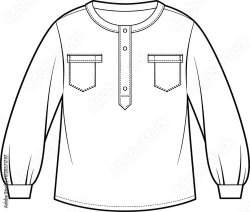 Long sleeve shirt technical sketch, chest pockets with button placket and ribbed cuffs, cad drawing flat vector illustration for fashion