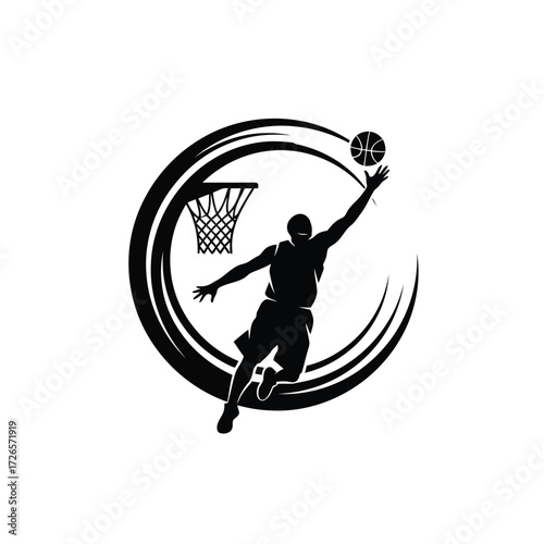 Vector illustration of vector art of silhouette of a basketball player dunking the ball