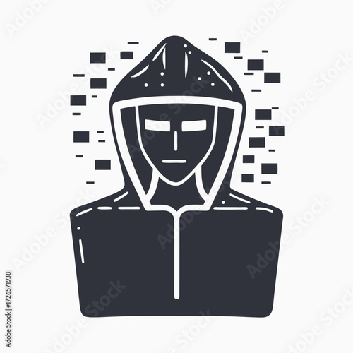 Abstract monochrome hooded character stands amid floating squares, conveying mystery and anonymity