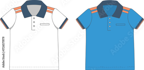 Polo shirt technical sketch, short sleeve design with button placket, chest pocket and contrast stripes, cad drawing flat vector illustration