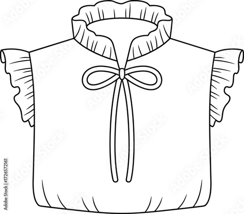 Sleeveless blouse technical sketch, ruffled neckline and cap sleeve top with bow detail, editable cad drawing flat vector illustration