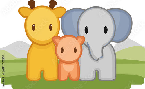 three cartoon animals standing together in a grassy field