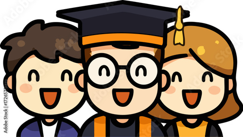 three cartoon characters dressed in graduation attire smiling happily