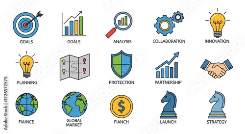 Illustration showing business strategy icons including goals analysis collaboration and innovation planning