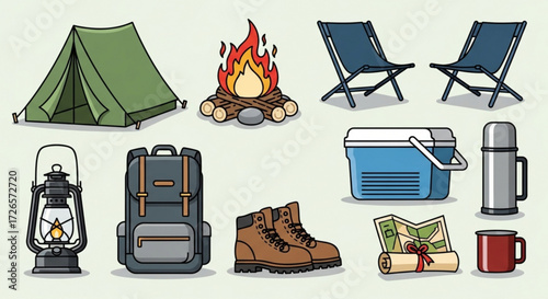 Illustration showcasing camping gear including a tent, campfire, chairs, and essential equipment items