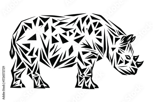 Abstract rhinoceros silhouette is shown creatively formed by triangles in black and white