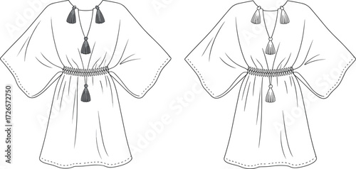 Tunic dress sketch, wide sleeve design, tassel neckline detail, gathered waist, fashion illustration, garment template, clothing vector, stylish outfit drawing