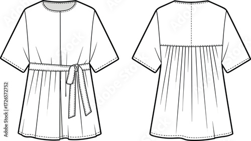 Tunic top technical sketch, short sleeve garment with belt and gathered back yoke detail, cad drawing flat vector illustration