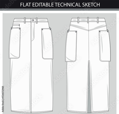 Flat Technical Sketch of a Pencil Skirt with Pockets