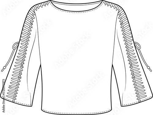 Women's fashion top technical sketch, flared sleeve blouse with lacing detail, round neck garment, editable CAD drawing flat vector illustration