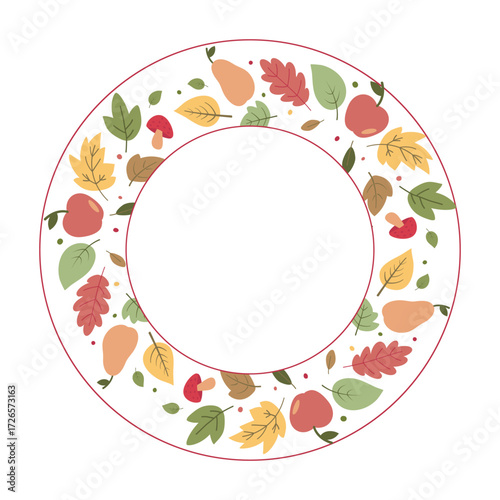 Autumn frame with colorful leaves, apples, pears and mushrooms in flat style, seasonal decorative wreath illustration
