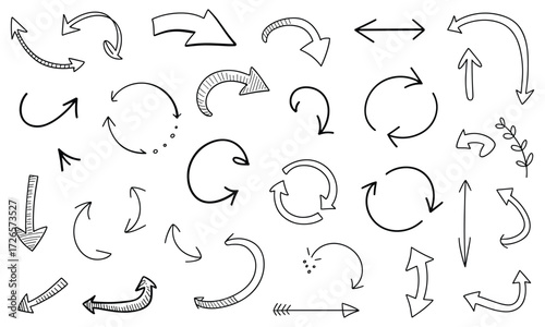 Collection of hand drawn black arrows and directional symbols on white background pointer curve