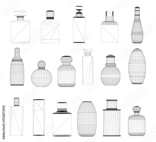A set of perfume bottles in wireframe style displays unique shapes and sizes. The elegant arrangement features glossy and matte finishes with intricate label designs.