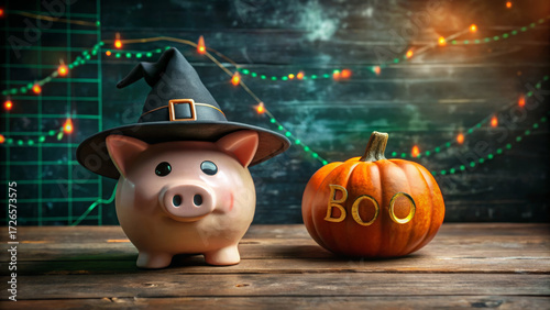 Halloween budget piggy bank with witch hat and pumpkin boo on wooden table festive lights