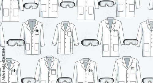 Seamless pattern featuring white lab coats and safety goggles against a light blue background design style