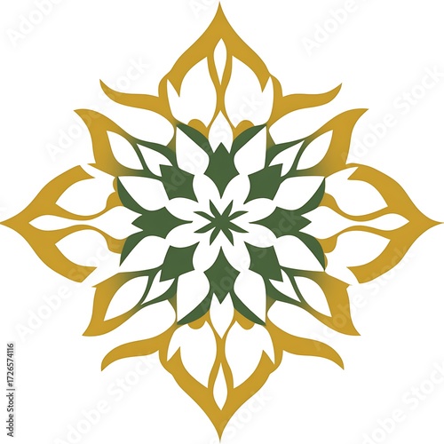 Ornate, symmetrical floral design in gold and dark green