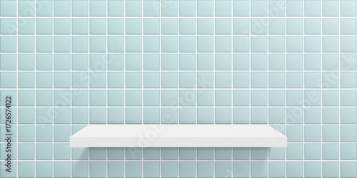 Bathroom or kitchen interior with white shelf on blue tile with shadow. Clean scene studio for product display. Backdrop for showcase. Realistic vector illustration