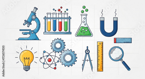 Illustration showcasing various science related tools including a microscope test tubes and a light bulb design