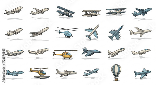 Collection of various cartoon style airplanes helicopters and a hot air balloon in flight on a white background