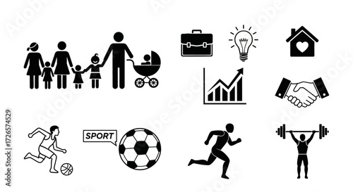Collection of Black and White Pictograms Representing Family, Business, and Healthy Lifestyle