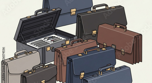 Illustration of a collection of briefcases in various colors and styles with one open showing contents