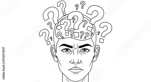 Conceptual illustration of a thoughtful man surrounded by swirling question marks representing