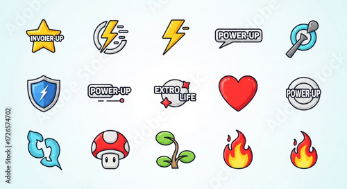 Illustration of various game power up icons including star lightning shield heart and mushroom on white background