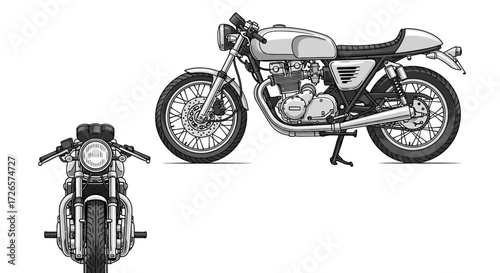 Detailed monochrome vector illustration showcasing a classic cafe racer motorcycle in two