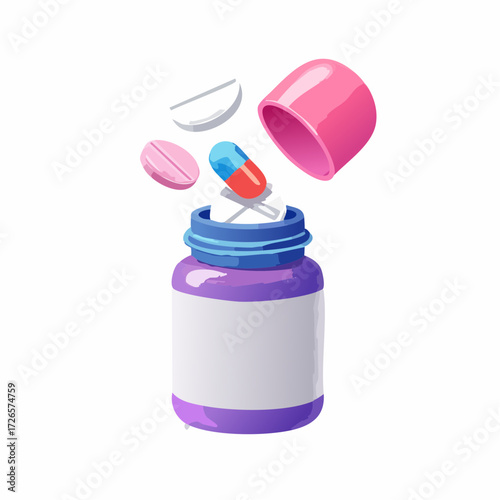 3D Open floating bottle with pills and capsules. Pharmacy drug health tablet. Medical treatment concept. Pink and purple. Cartoon creative design icon isolated. 3D Rendering
