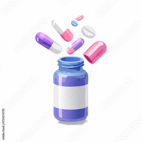 3D Open floating bottle with pills and capsules. Pharmacy drug health tablet. Medical treatment concept. Pink and purple. Cartoon creative design icon isolated. 3D Rendering