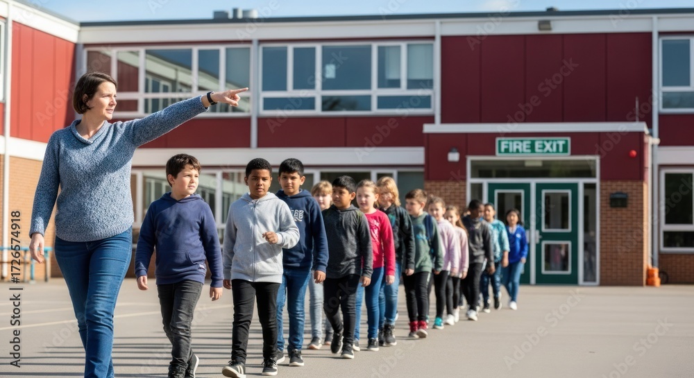 Fototapeta premium A teacher leading a group of students in a line outside a school building.