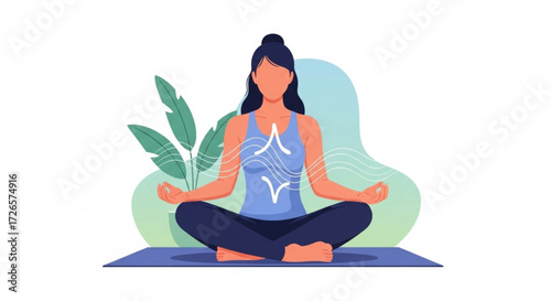 A woman in lotus position meditating with plant and blue mat in a serene and peaceful setting indoors