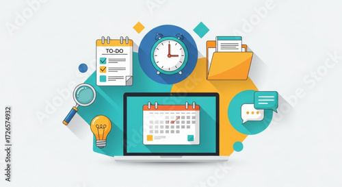 Illustration of a laptop displaying a calendar with task management tools and office related items around it