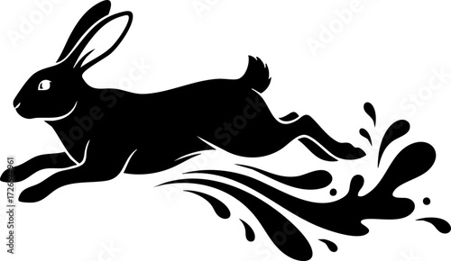 Canvas Print Dynamic black rabbit leaping through splashing water creating energetic abstract