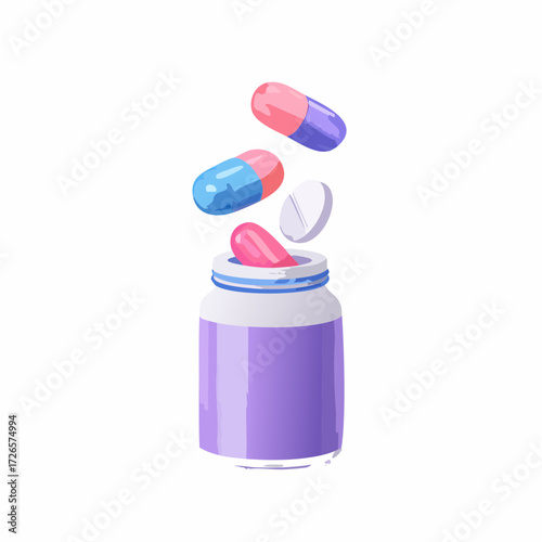 3D Open floating bottle with pills and capsules. Pharmacy drug health tablet. Medical treatment concept. Pink and purple. Cartoon creative design icon isolated. 3D Rendering