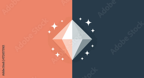 A clean flat design illustration of a stylized crystal or diamond icon, radiating subtle sparkles and a gentle glow, representing quality, luxury, or clarity. 