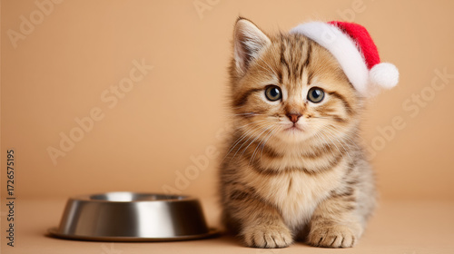 Christmas kitten wearing Santa hat next to food bowl on beige background  