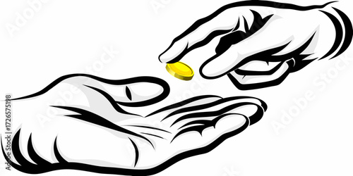 Stylized illustration of one hand giving a gold coin to another open hand