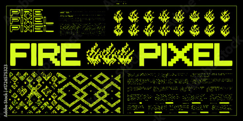 Retro pixelated fire and geometric patterns in neon yellow on black background